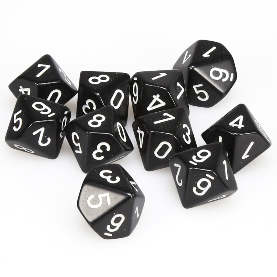 Chessex Black Opaque with White Numbers d10 - Set of 10