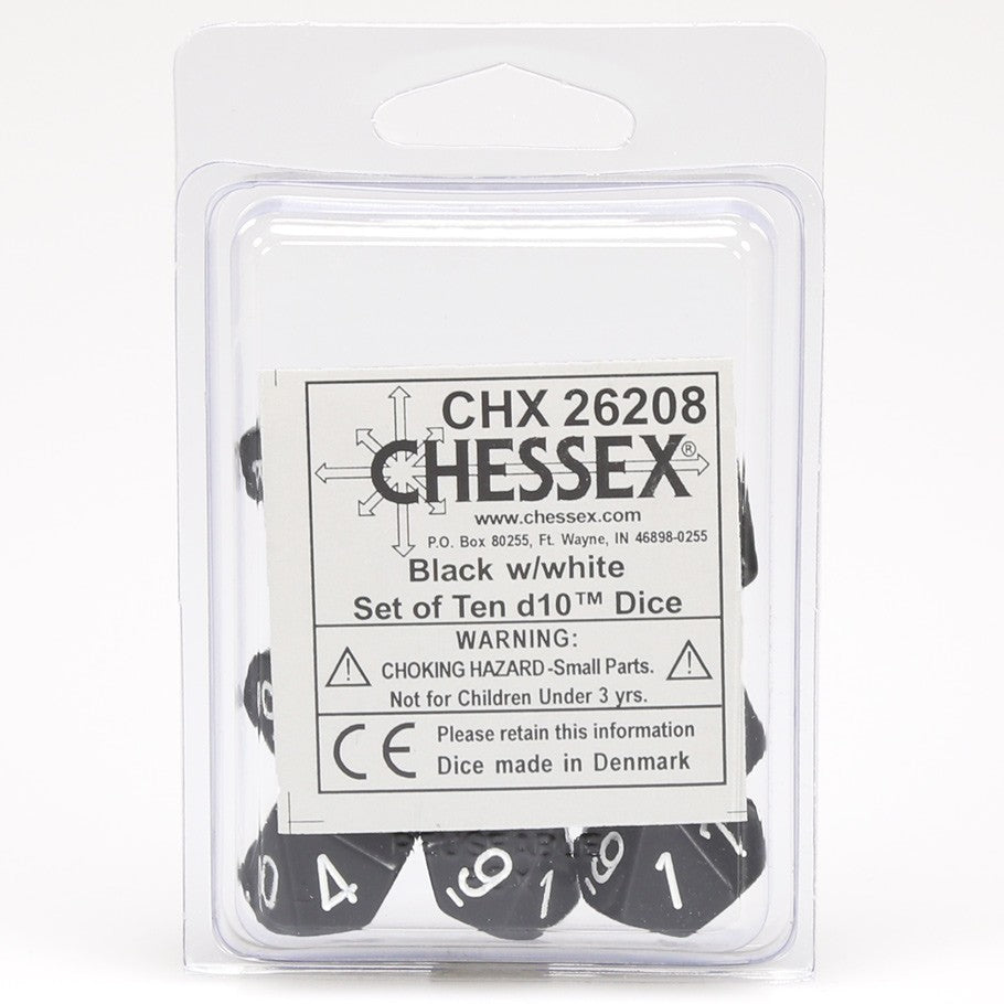 Chessex Black Opaque with White Numbers d10 - Set of 10