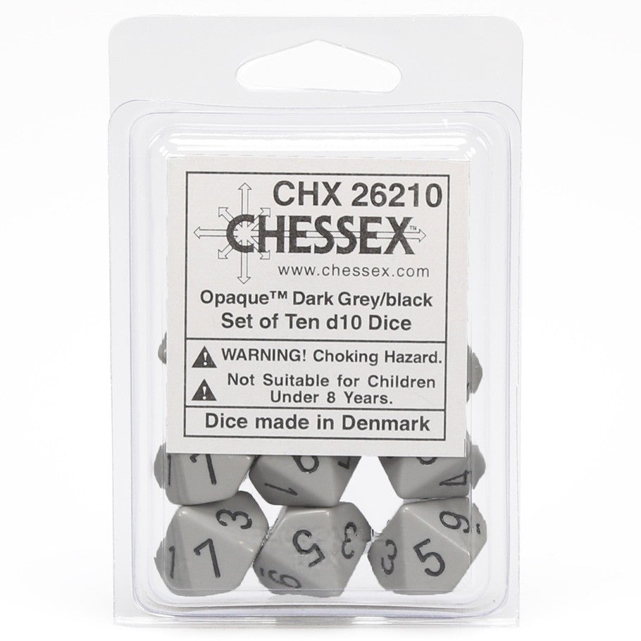 Chessex Dark Grey Opaque with Black Numbers d10 - Set of 10