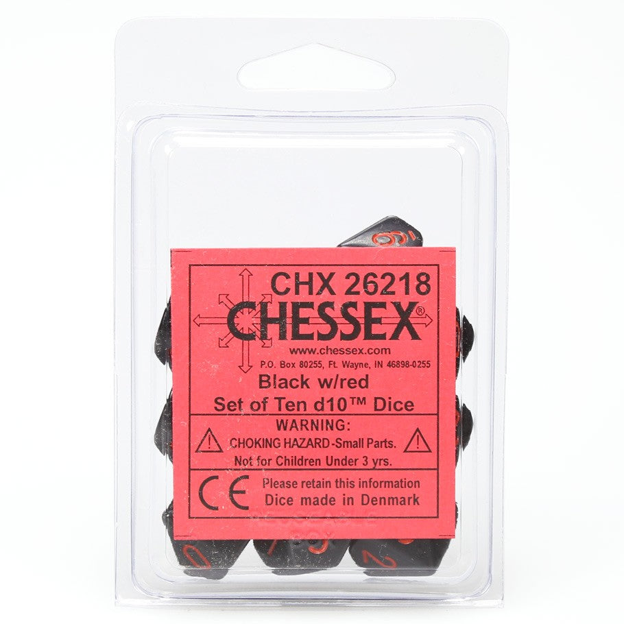Chessex Black Opaque with Red Numbers d10 - Set of 10