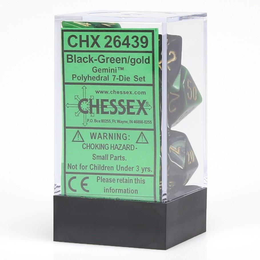 Chessex Gemini™ Black-Green Polyhedral Dice with Gold Numbers - Set of 7 in box