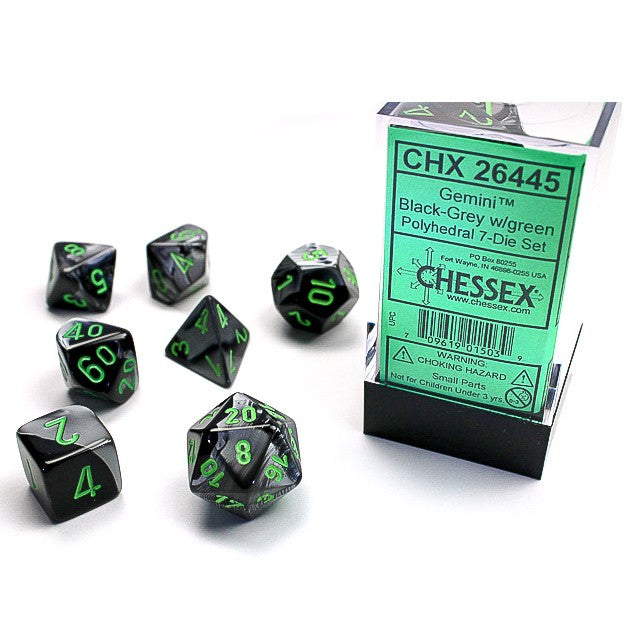 Chessex Gemini™ Black-Grey Polyhedral Dice with Green Numbers - Set of 7