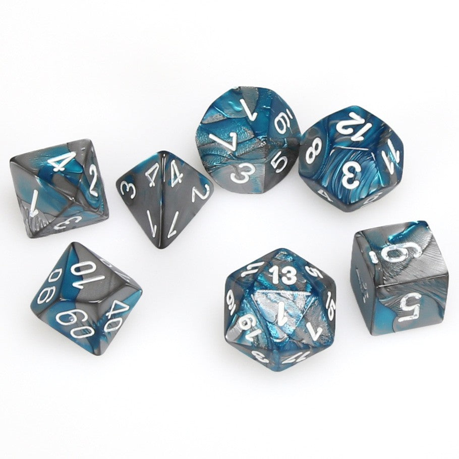 Chessex Gemini™ Steel-Teal Polyhedral Dice with White Numbers - Set of 7