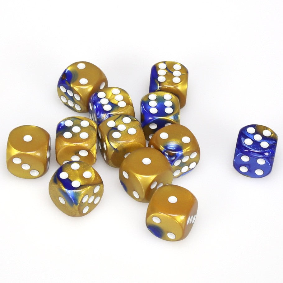 Chessex Gemini™ Blue-Gold with White Numbers 16 mm Dice Block (12 dice)