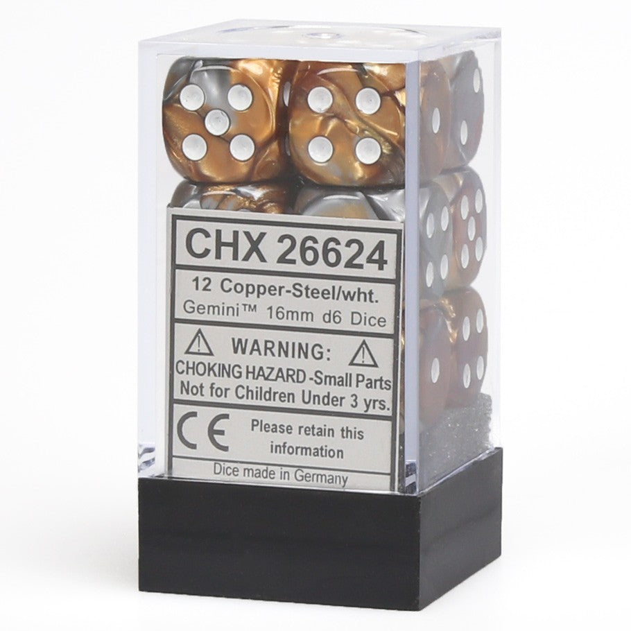 Chessex Gemini™ Copper-Steel with White Numbers 16 mm Dice Block (12 dice)