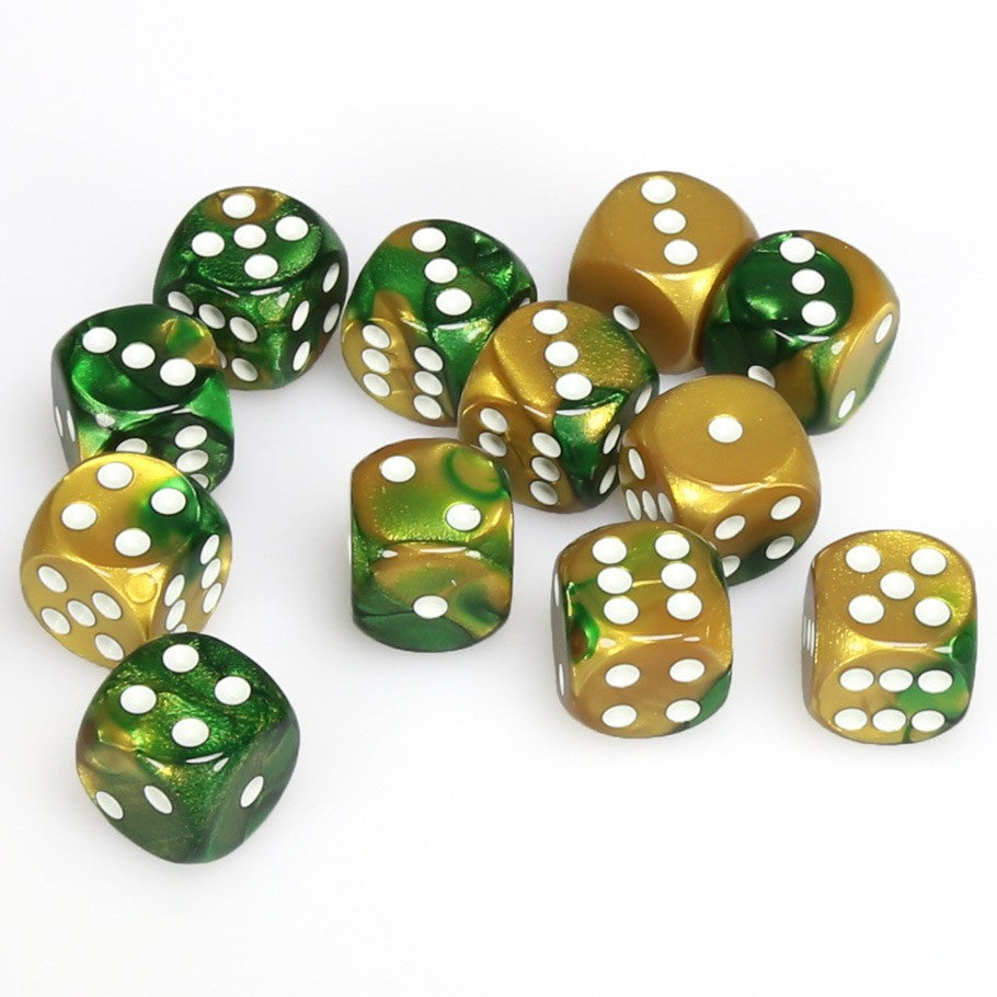 Chessex Gemini™ Gold-Green with White Numbers 16 mm Dice Block (12 dice)