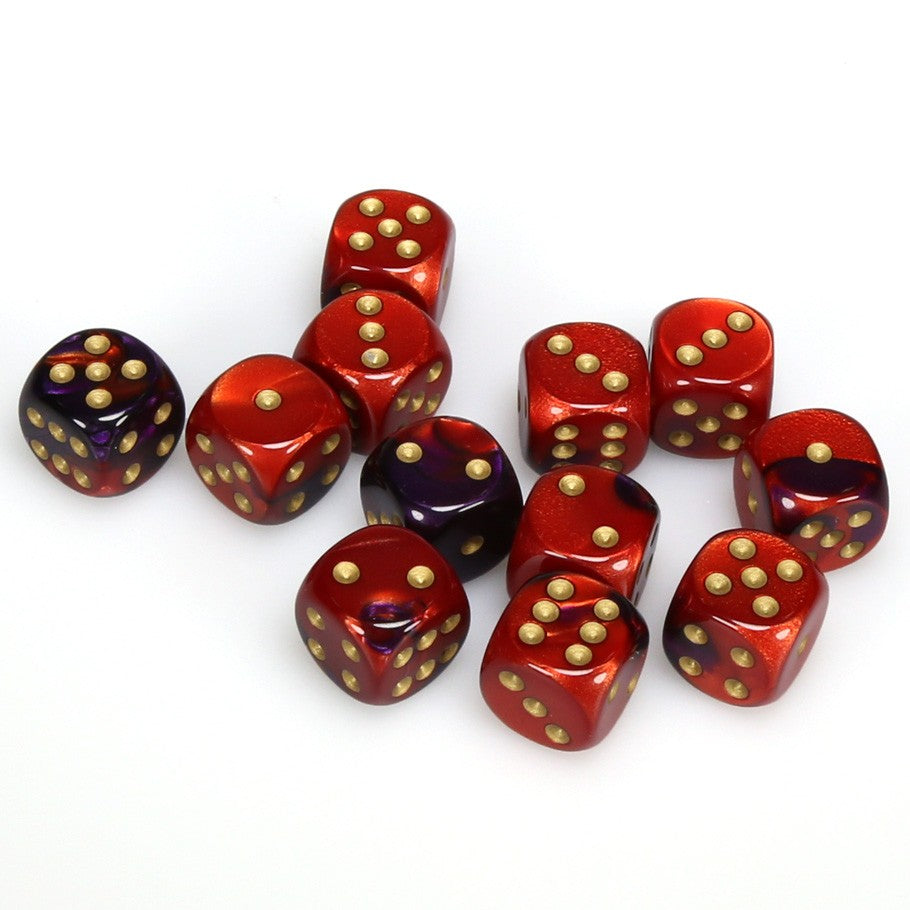 Chessex Gemini™ Purple-Red with White Gold 16 mm Dice Block (12 dice)