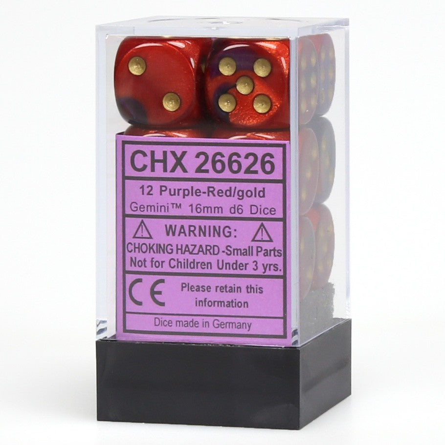 Chessex Gemini™ Purple-Red with White Gold 16 mm Dice Block (12 dice)