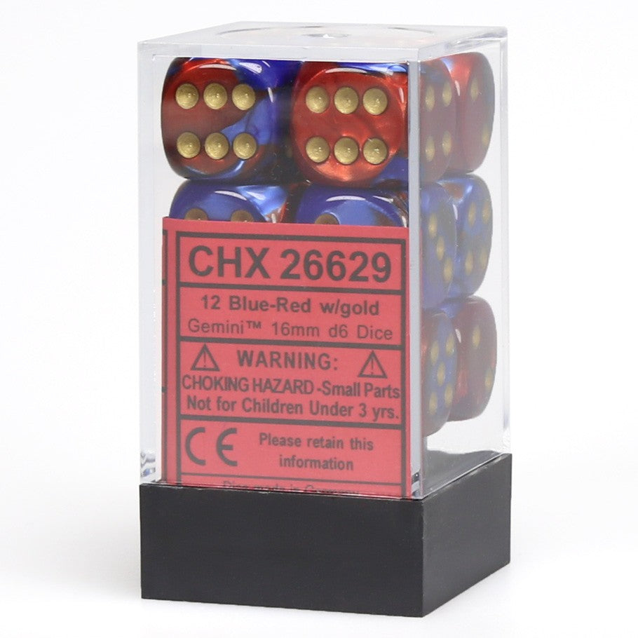 Chessex Gemini™ Blue-Red with Gold Numbers 16 mm Dice Block (12 dice)