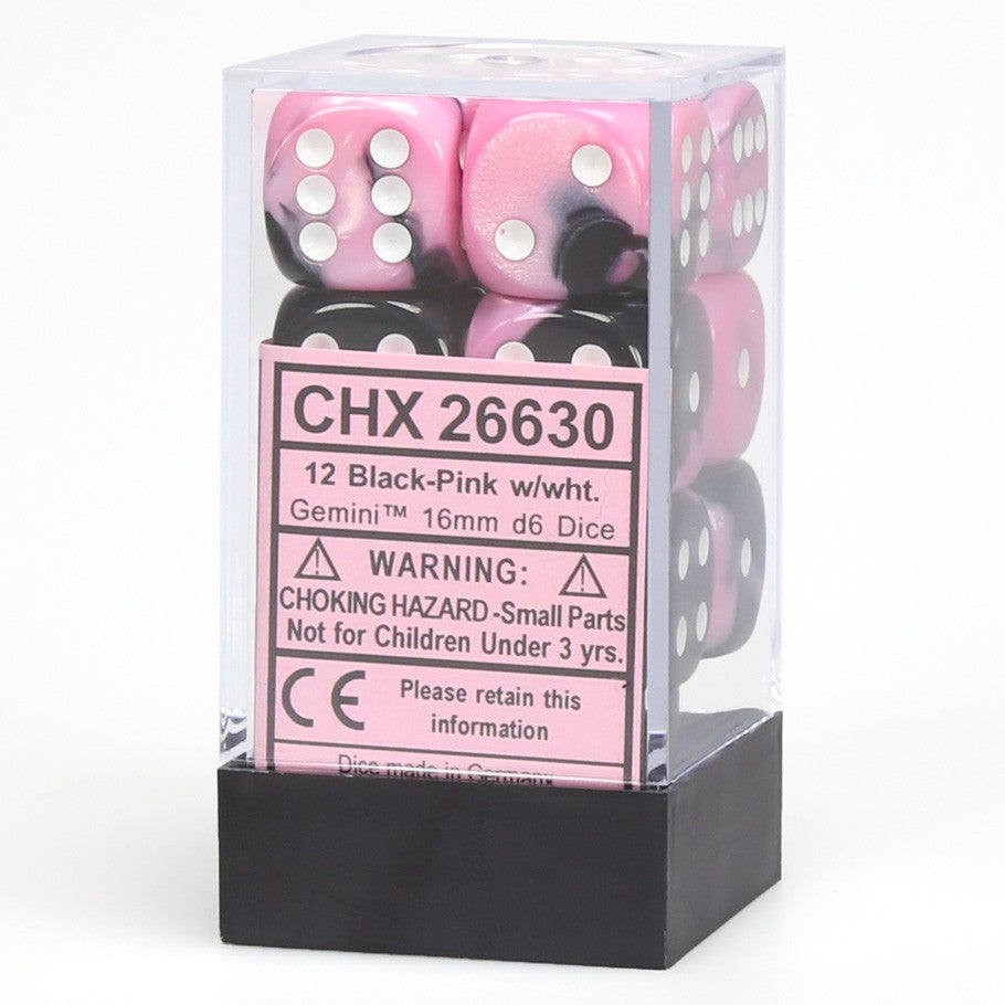 Chessex Gemini™ Black-Pink with White Numbers 16 mm Dice Block (12 dice)