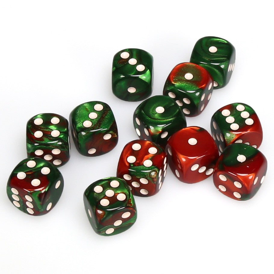 Chessex Gemini™ Green-Red with White Pips 16 mm Dice Block (12 dice)