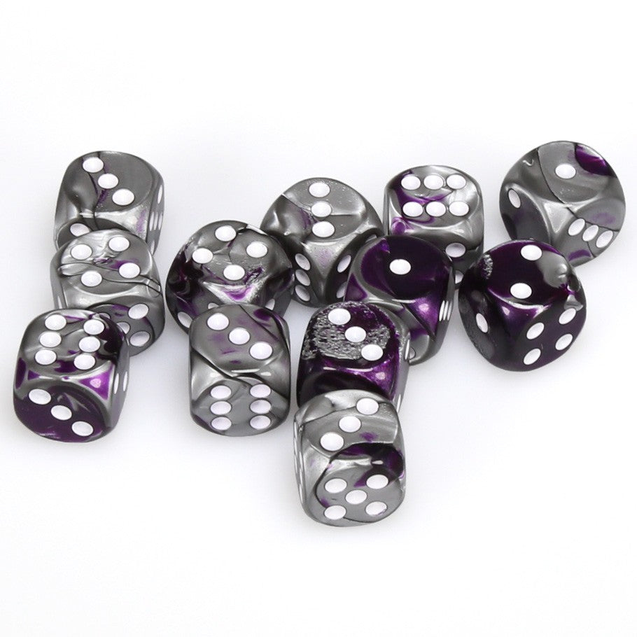 Chessex Gemini™ Purple-Steel with White Pips 16 mm Dice Block (12 dice)