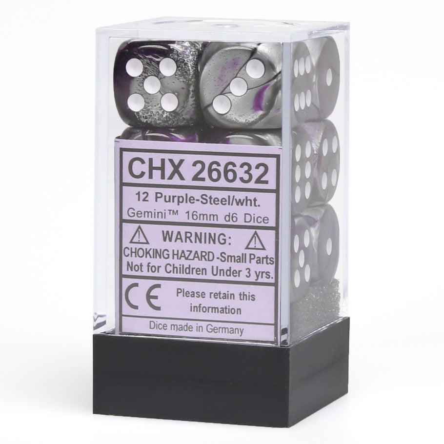Chessex Gemini™ Purple-Steel with White Pips 16 mm Dice Block (12 dice)