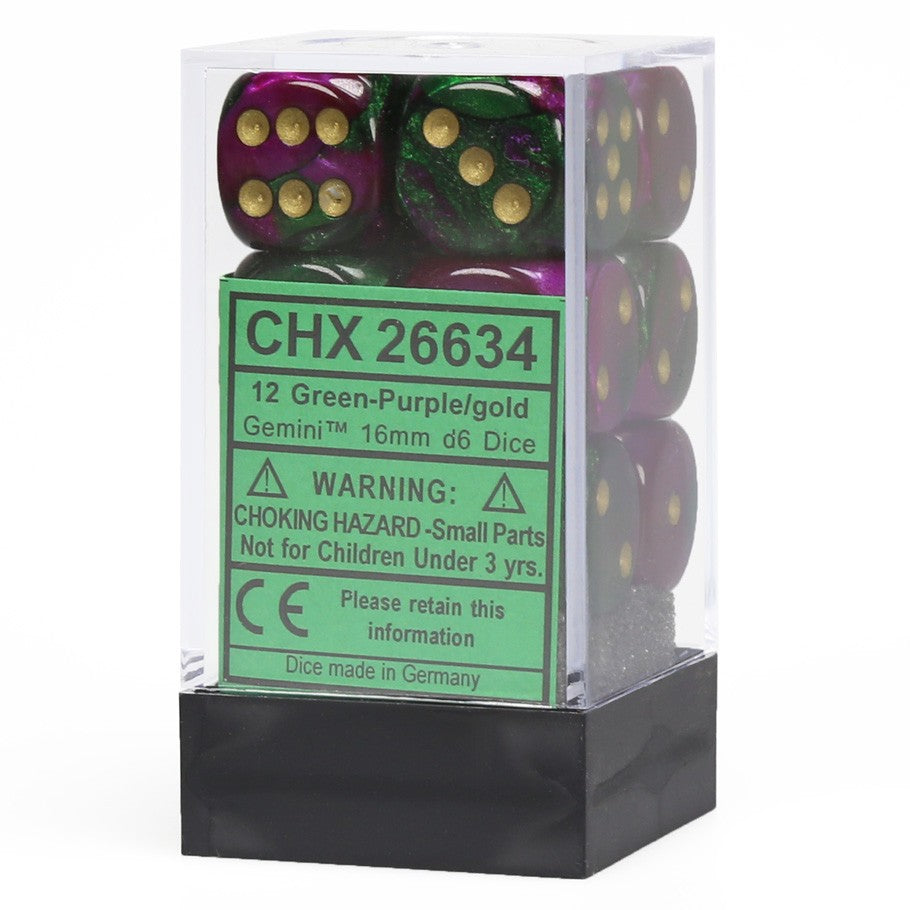 Chessex Gemini™ Green-Purple with Gold Pips 16 mm Dice Block (12 dice)