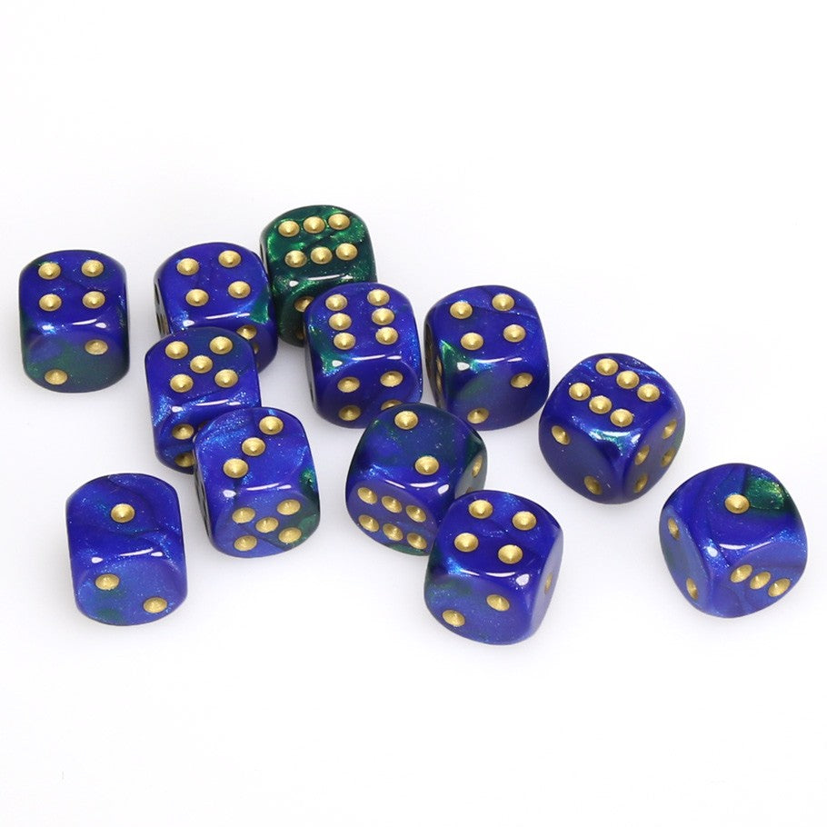 Chessex Gemini™ Blue-Green with Gold Pips 16 mm Dice Block (12 dice)