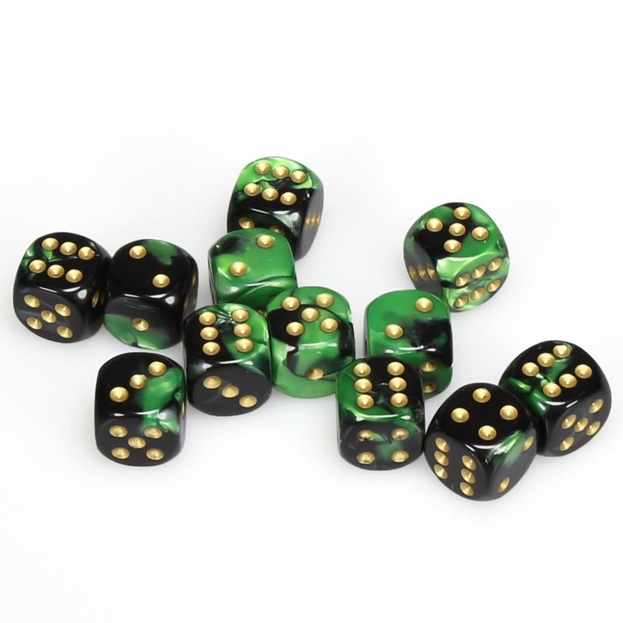 Chessex Gemini™ Black-Green with Gold Numbers 16 mm Dice Block (12 dice)