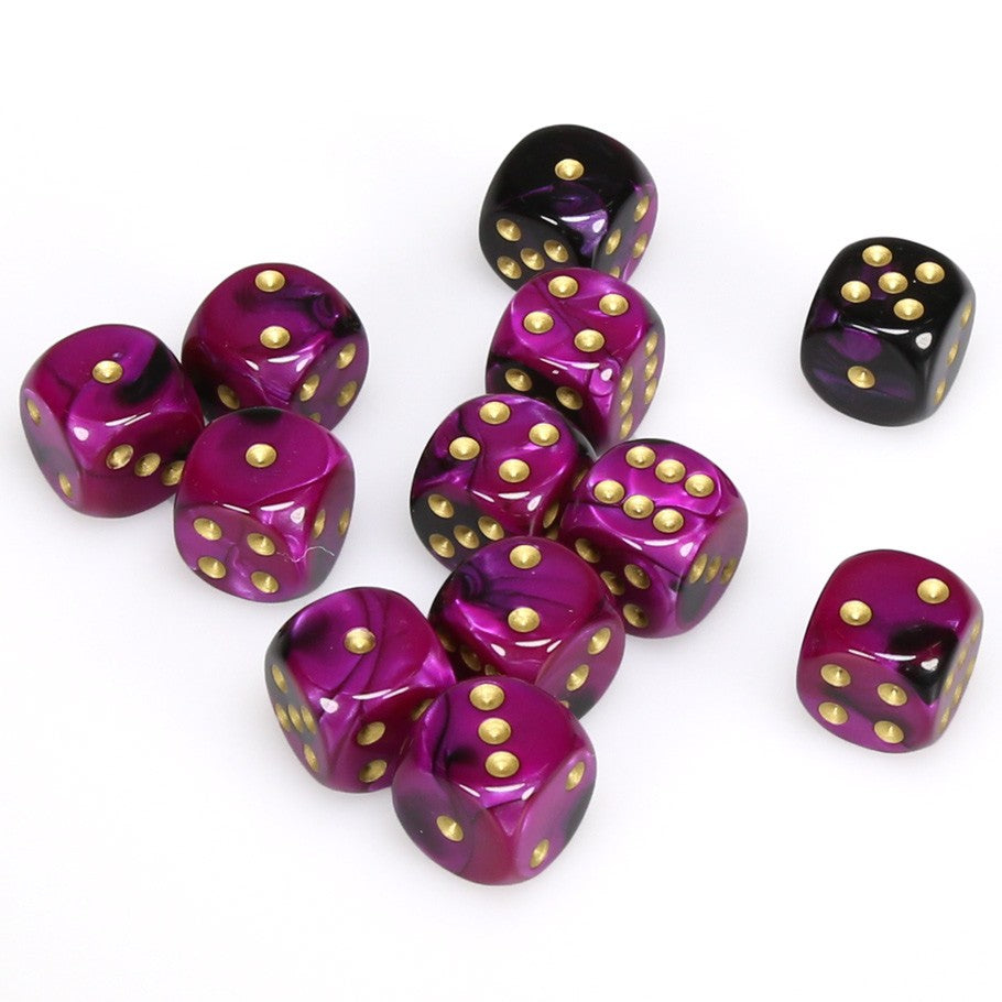 Chessex Gemini™ Black-Purple with Gold Pips 16 mm Dice Block (12 dice)