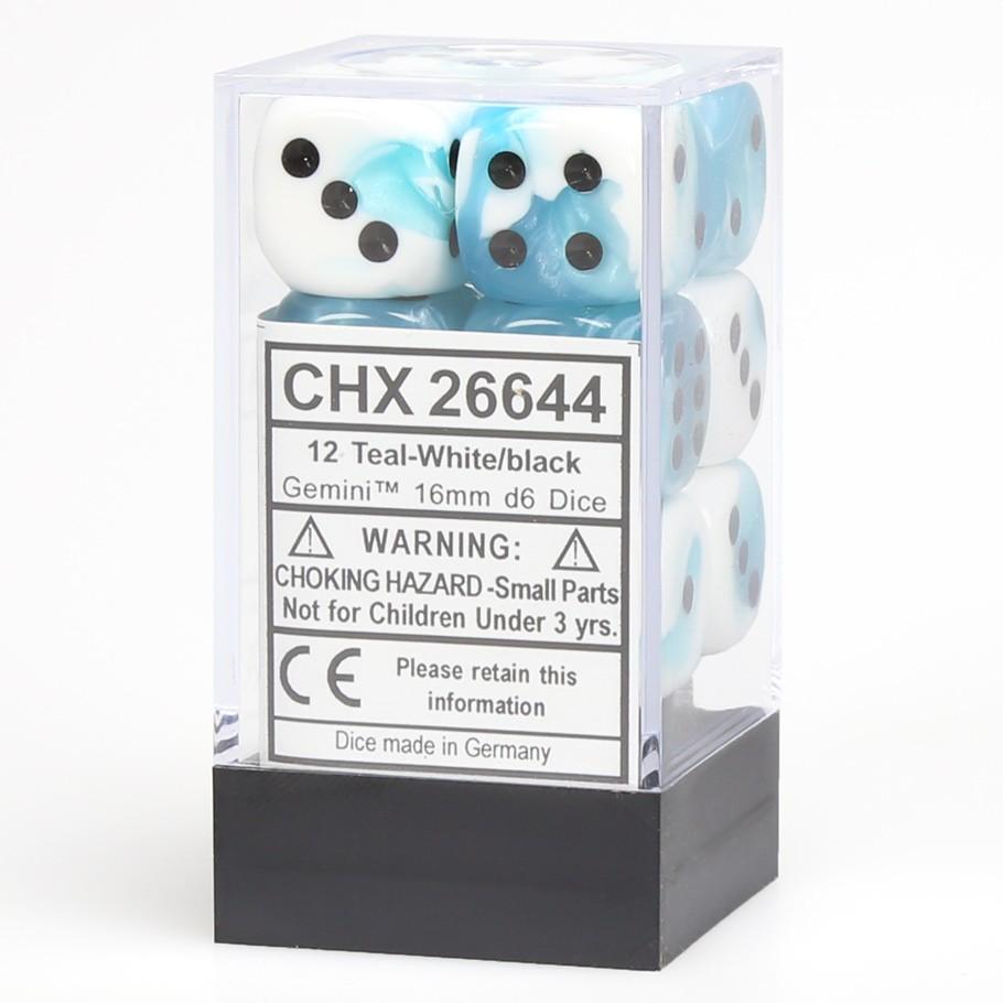 Chessex Gemini™ Teal-White with Black Numbers 16 mm Dice Block (12 dice) in boxChessex Gemini™ Teal-White with Black Numbers 16 mm Dice Block (12 dice)