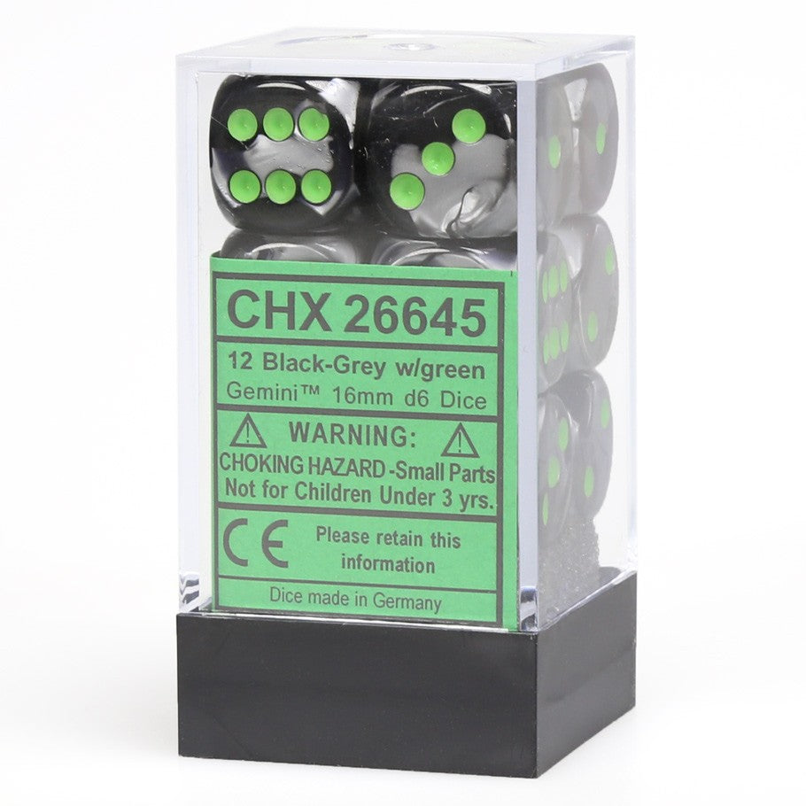 Chessex Gemini™ Black-Grey with Green Pips 16 mm Dice Block (12 dice)