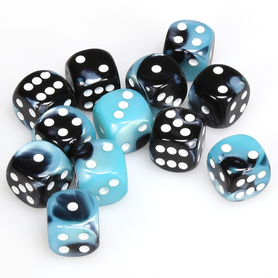 Chessex Gemini™ Black-Shell with White Pips 16 mm Dice Block (12 dice)