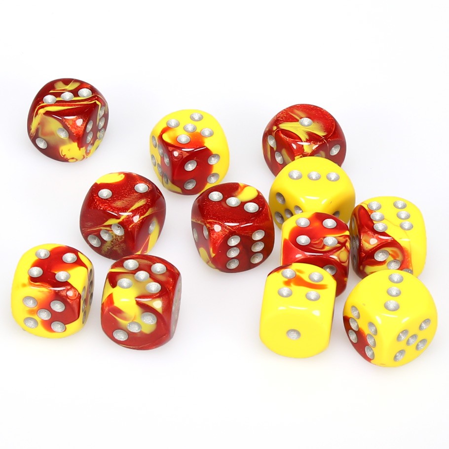 Chessex Gemini™ Red-Yellow with Silver Pips 16 mm Dice Block (12 dice)