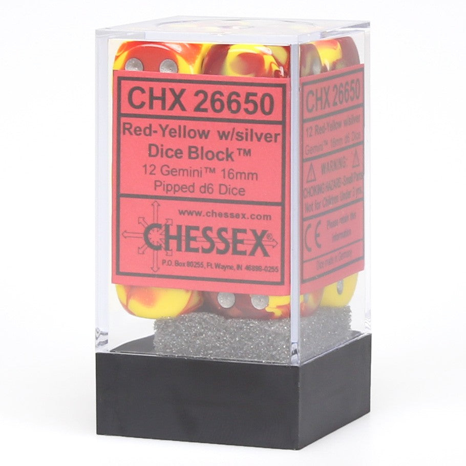 Chessex Gemini™ Red-Yellow with Silver Pips 16 mm Dice Block (12 dice)