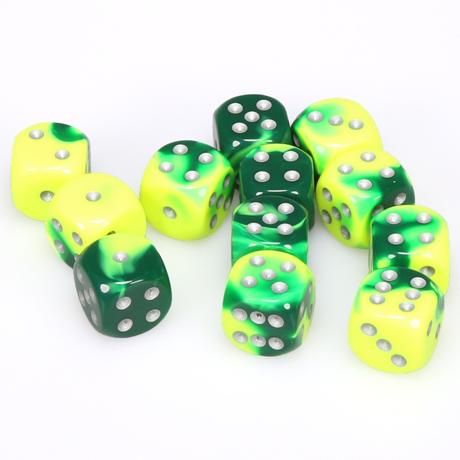 Chessex Gemini™ Green-Yellow with Silver Numbers 16 mm Dice Block (12 dice)