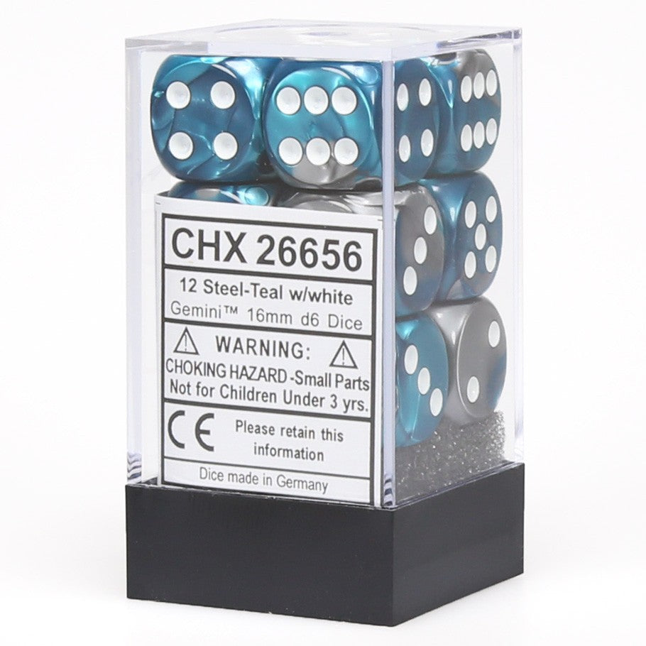 Chessex Gemini™ Steel-Teal with White Numbers 16 mm Dice Block (12 dice)