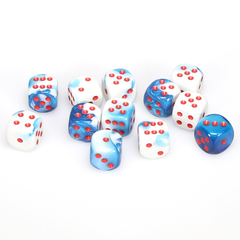 Chessex Gemini™ Astra Blue-White with Red Pips 16 mm Dice Block (12 dice)