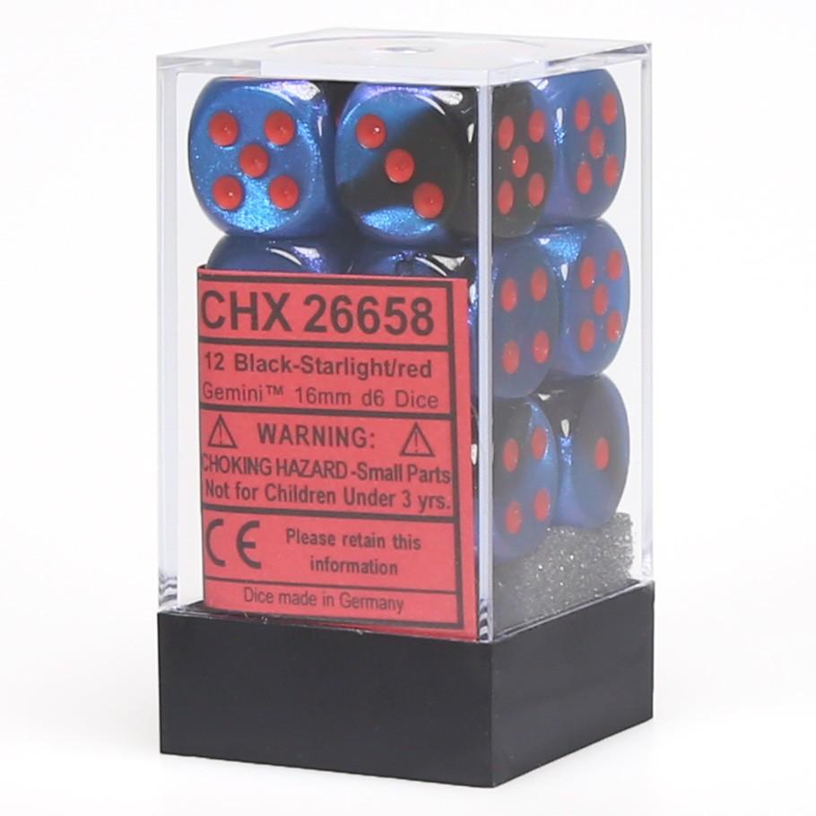 Chessex Gemini™ Black-Starlight with Red Numbers 16 mm Dice Block (12 dice)