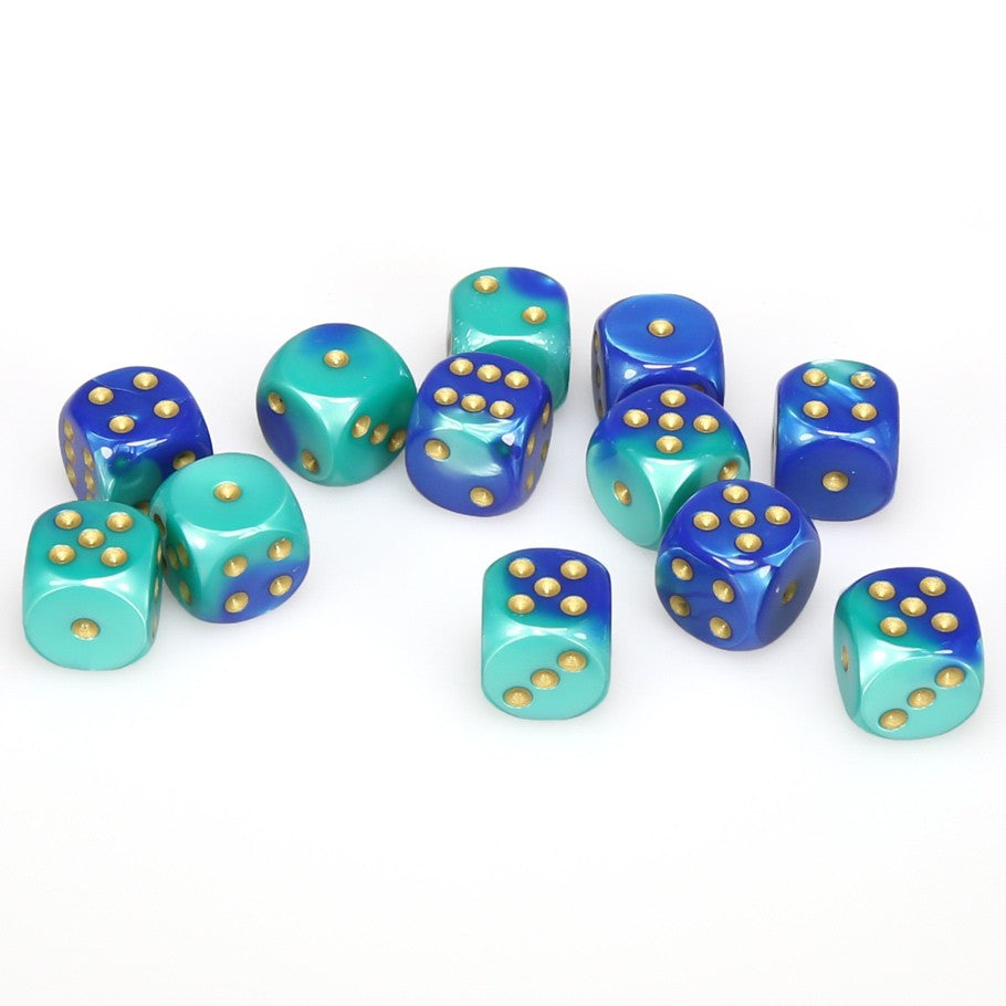 Chessex Gemini™ Blue-Teal with Gold Numbers 16 mm Dice Block (12 dice)