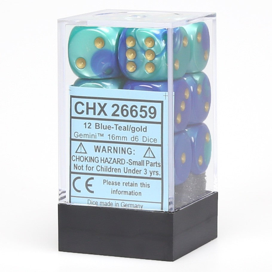 Chessex Gemini™ Blue-Teal with Gold Numbers 16 mm Dice Block (12 dice)