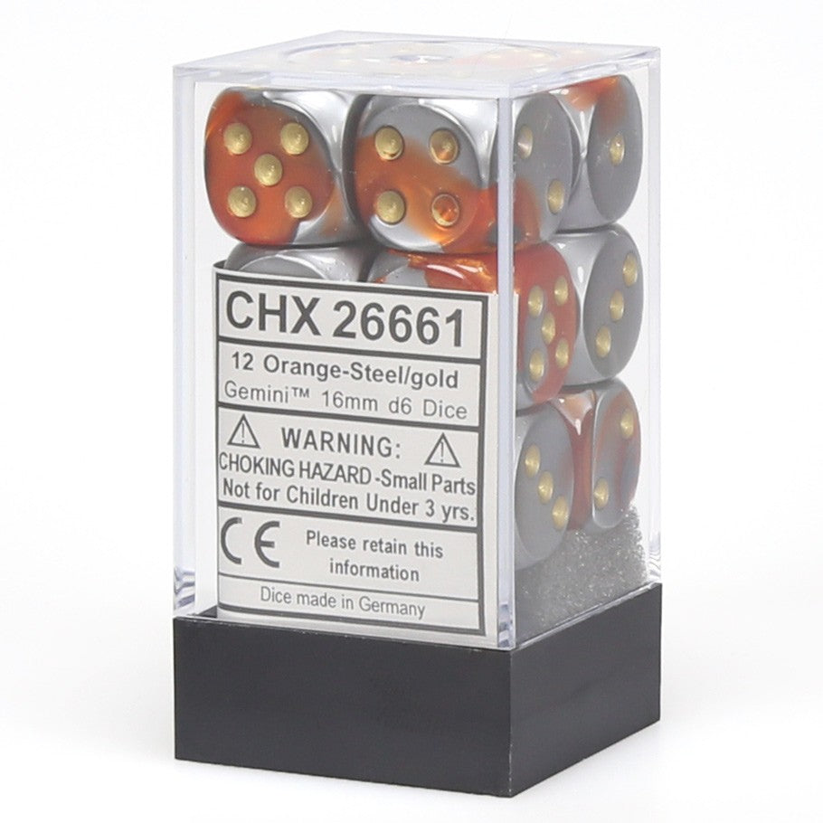 Chessex Gemini™ Orange-Steel with Gold Pips 16 mm Dice Block (12 dice)