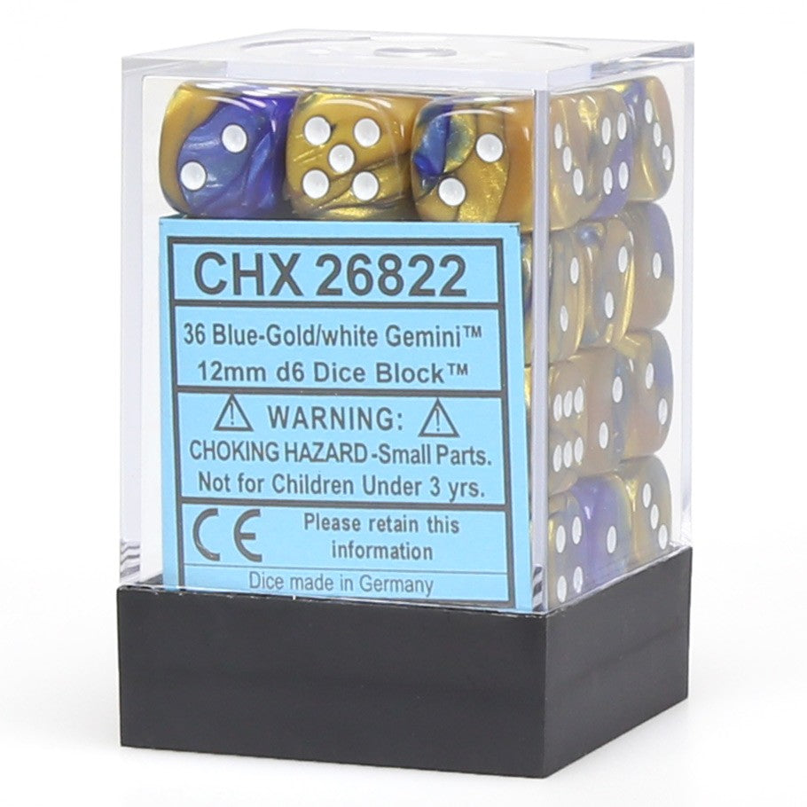 Chessex Gemini™ Blue-Gold with White Pips 12 mm Dice Block (36 dice)