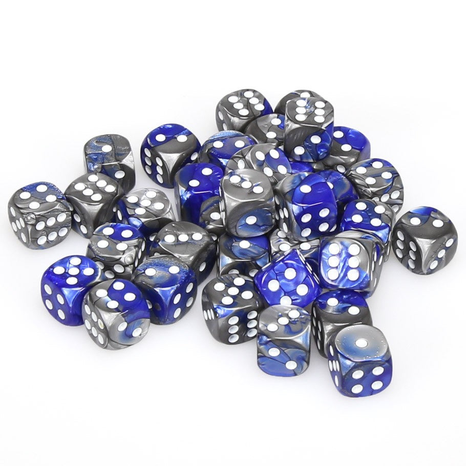 Chessex Gemini™ Blue-Steel with White Numbers 12 mm Dice Block (36 dice)