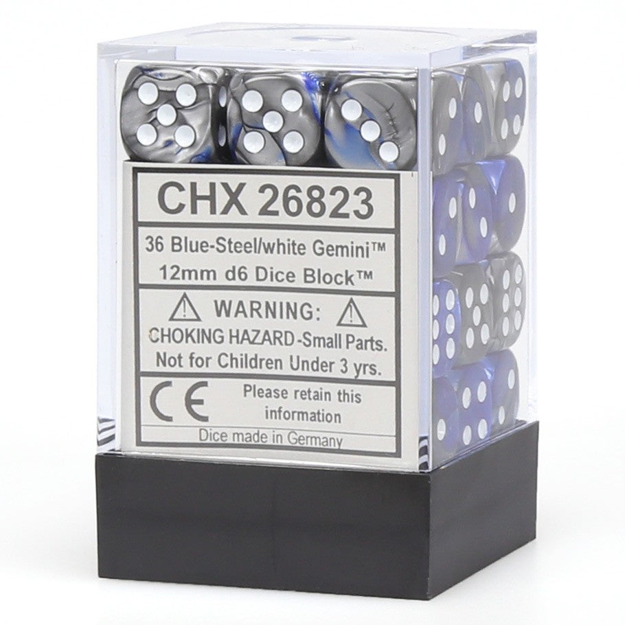 Chessex Gemini™ Blue-Steel with White Numbers 12 mm Dice Block (36 dice)