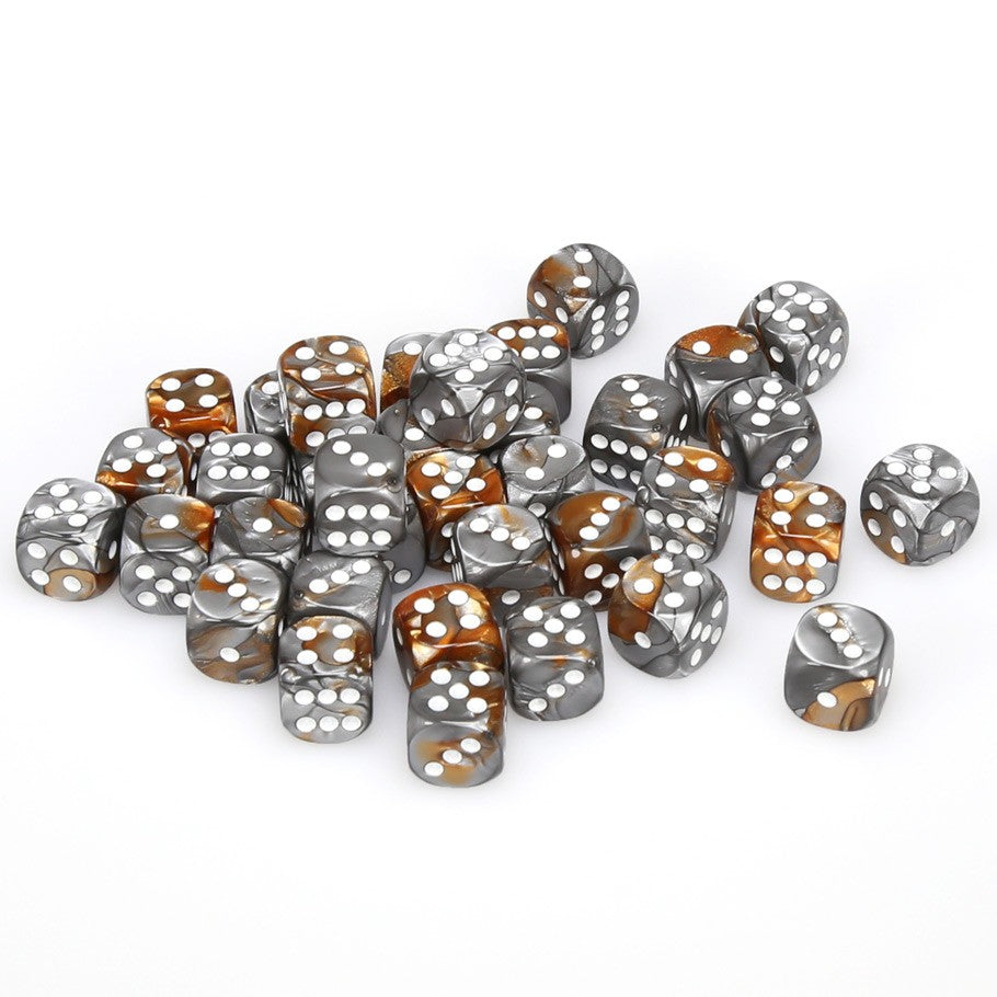 Chessex Gemini™ Copper-Steel with White Numbers 12 mm Dice Block (36 dice)