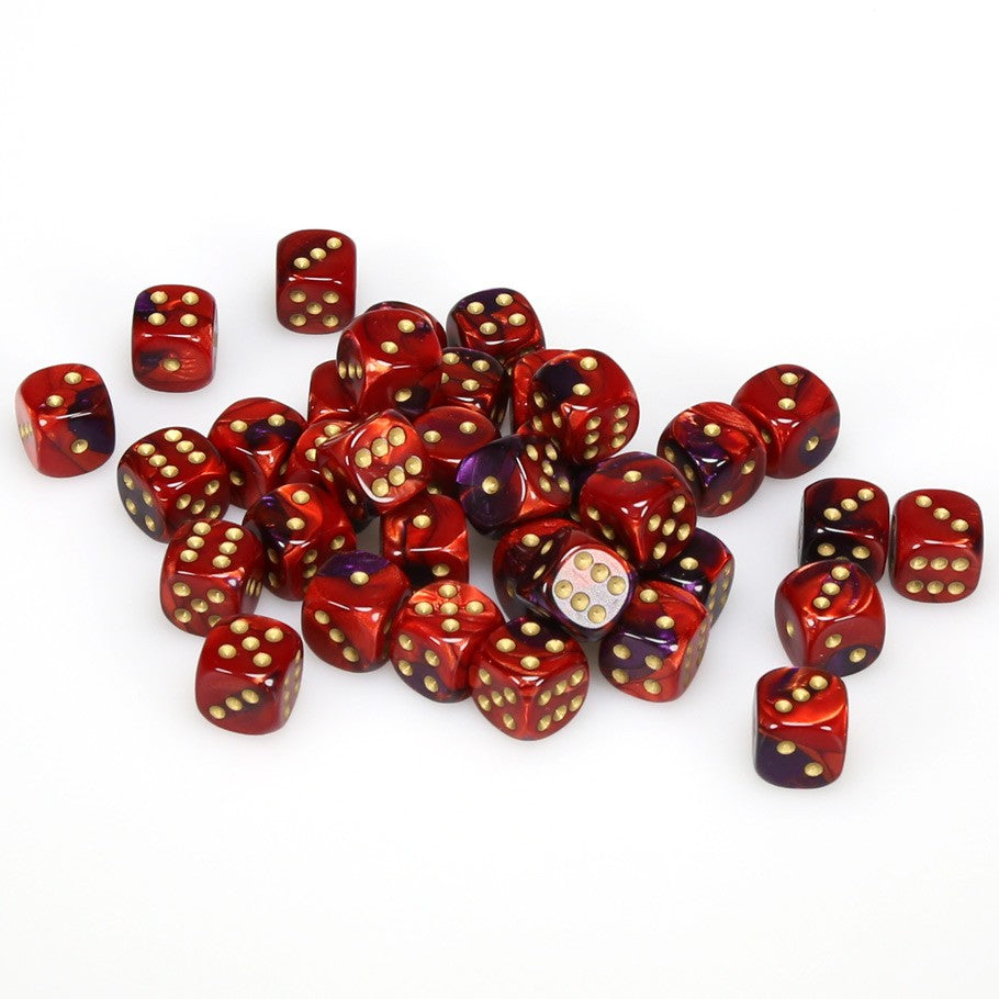 Chessex Gemini™ Purple-Red with Gold Pips 12 mm Dice Block (36 dice)