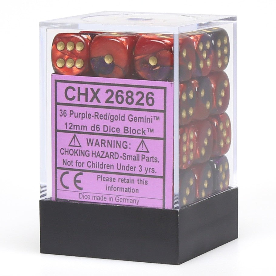 Chessex Gemini™ Purple-Red with Gold Pips 12 mm Dice Block (36 dice)