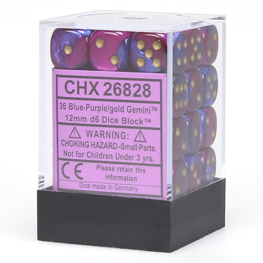 Chessex Gemini™ Blue-Purple with Gold Pips 12 mm Dice Block (36 dice)