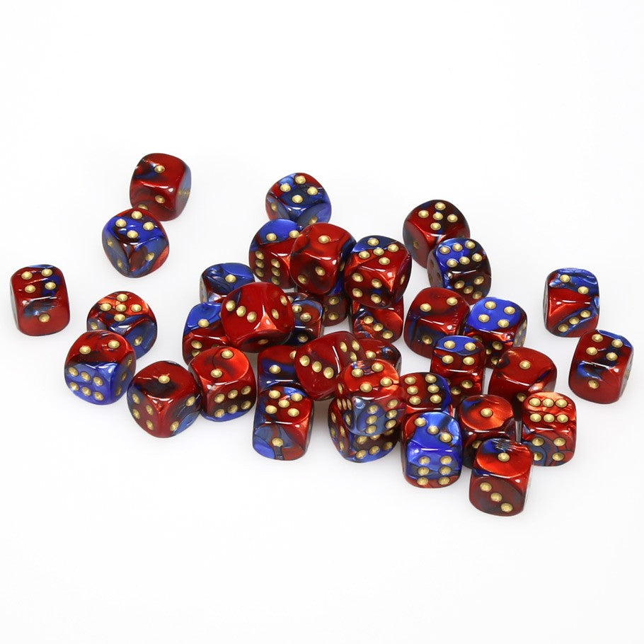 Chessex Gemini™ Blue-Red with Gold Pips 12 mm Dice Block (36 dice)