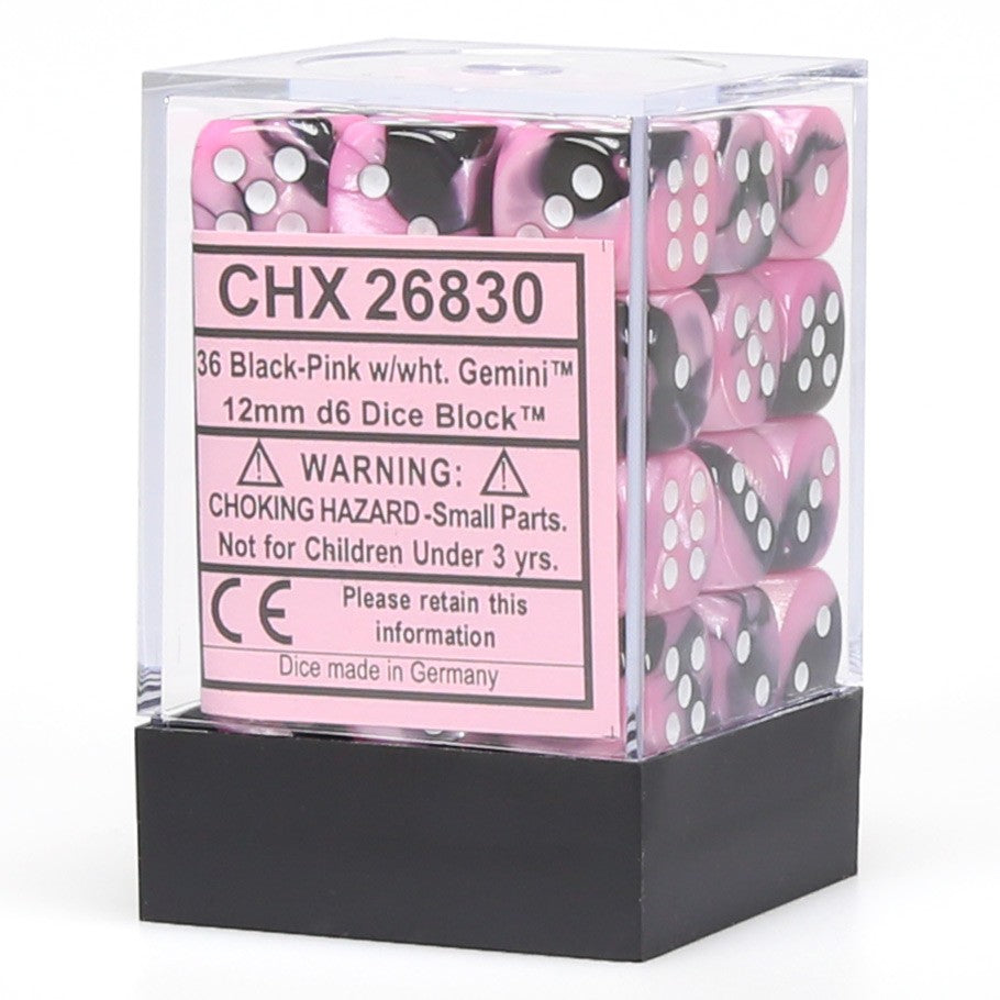 Chessex Gemini™ Black-Pink with White Pips 12 mm Dice Block (36 dice)