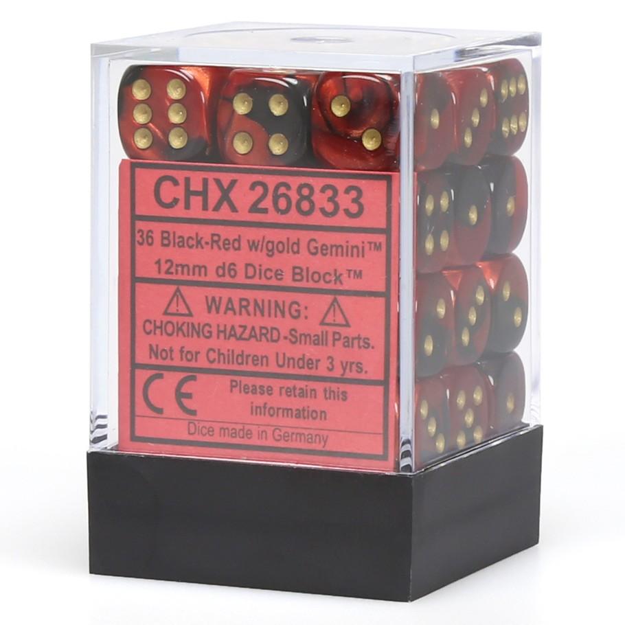 Chessex Gemini™ Black-Red with Gold Numbers 12 mm Dice Block (36 dice) in box
