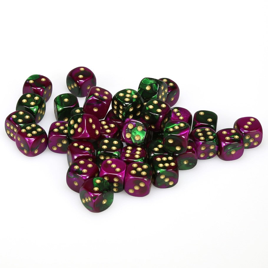 Chessex Gemini™ Green-Purple with Gold Pips 12 mm Dice Block (36 dice)