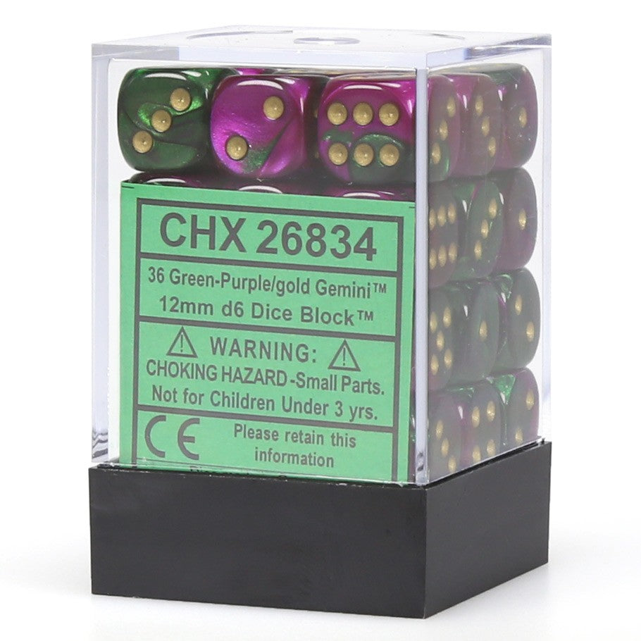 Chessex Gemini™ Green-Purple with Gold Pips 12 mm Dice Block (36 dice)