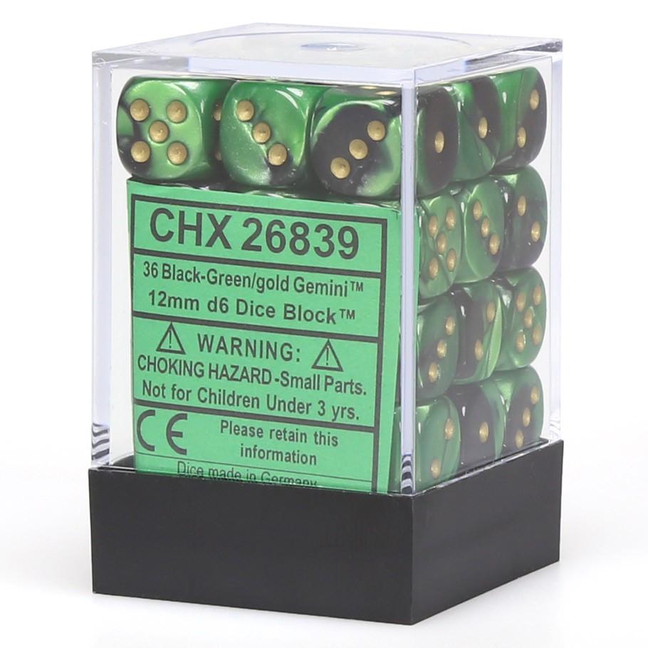 Chessex Gemini™ Black-Green with Gold Numbers 12 mm Dice Block (36 dice) in box