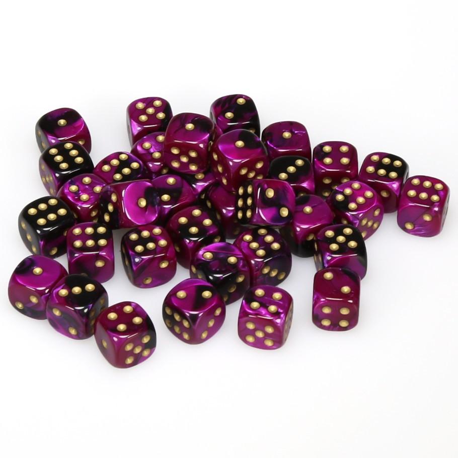 Chessex Gemini™ Black-Purple with Gold Numbers 12 mm Dice Block (36 dice)