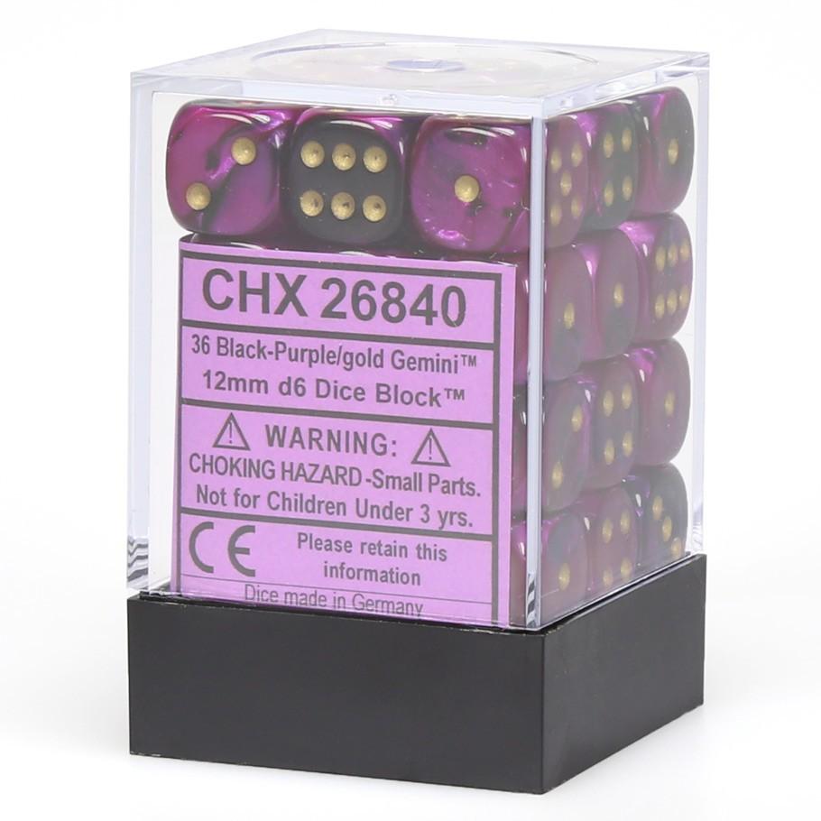Chessex Gemini™ Black-Purple with Gold Numbers 12 mm Dice Block (36 dice) in box