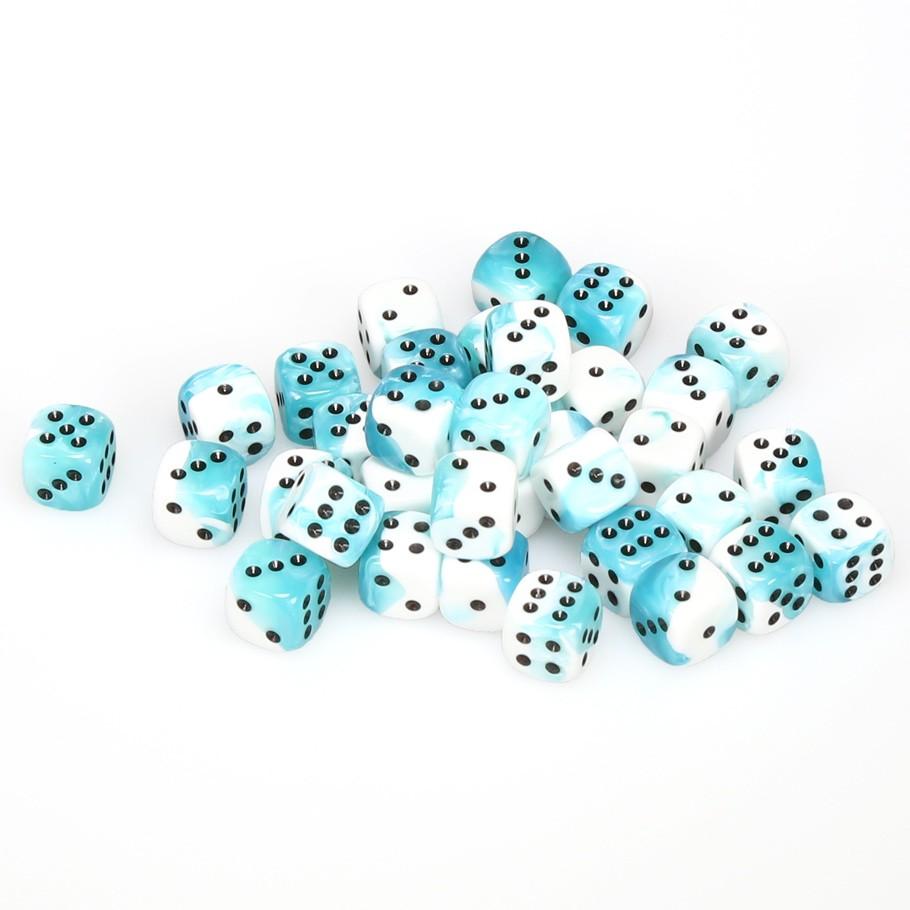 Chessex Gemini™ Teal-White with Black Numbers 12 mm Dice Block (36 dice)