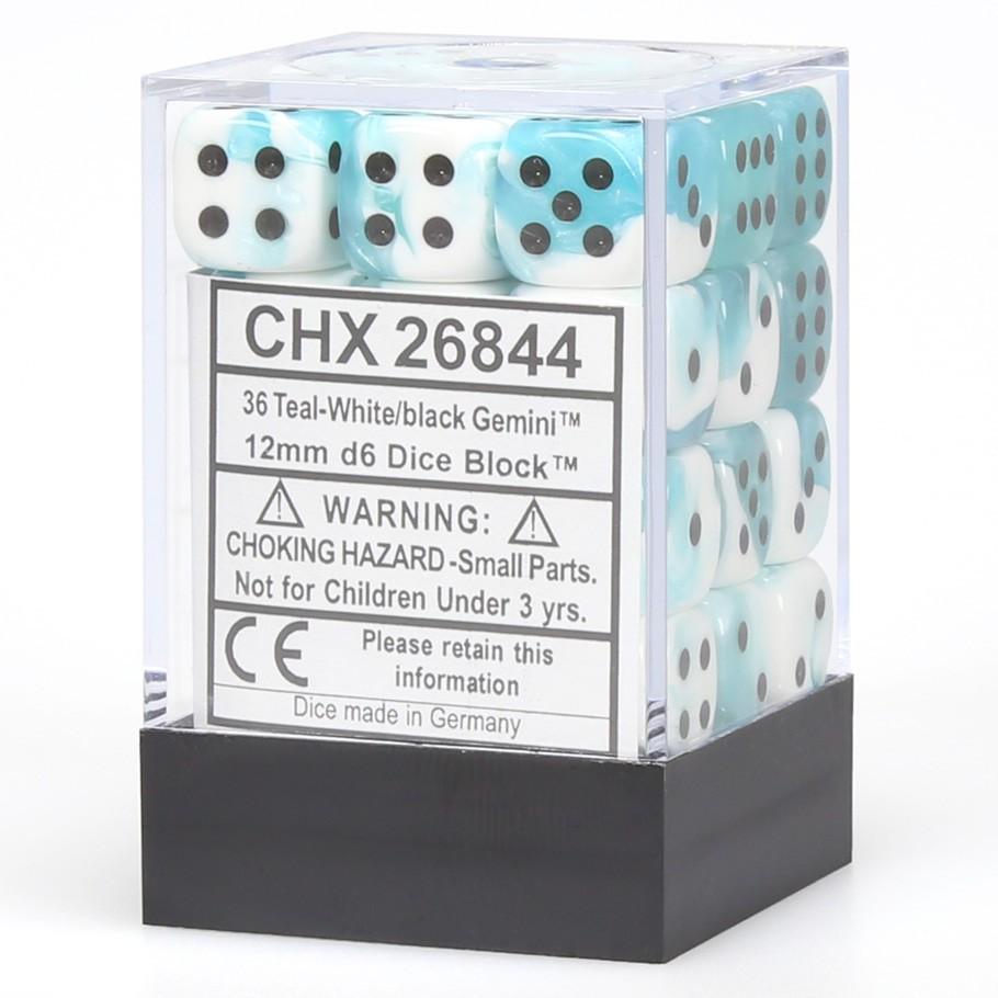 Chessex Gemini™ Teal-White with Black Numbers 12 mm Dice Block (36 dice) in box